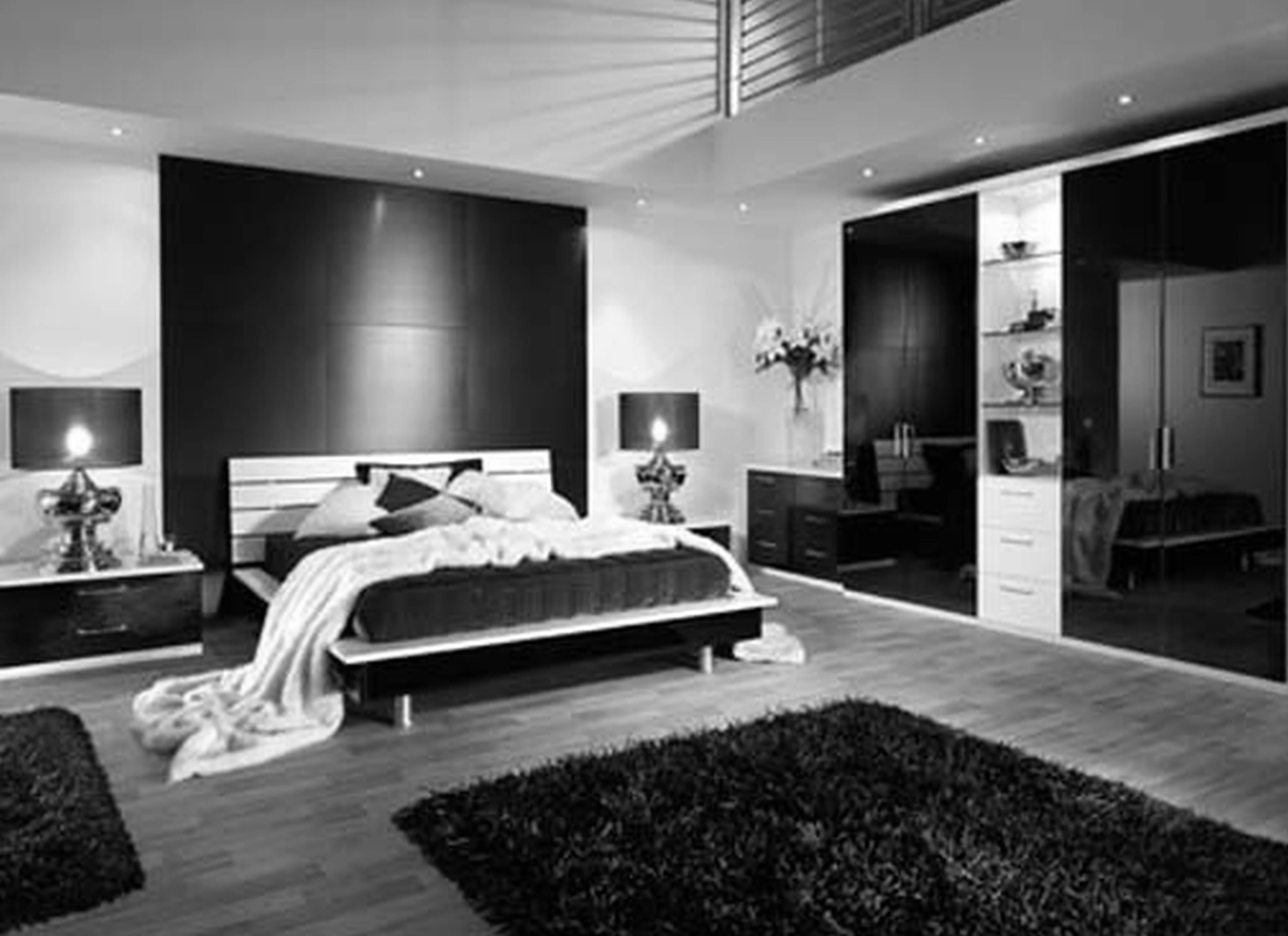 Wonderful Black And White Bedrooms Furnishing Themes With Custom Handmade Low Master Bed Frames On Dark Laminate Wood Floors And Black Bedroom Rugs In Modern Master Black And White Bedrooms Designs B Pertaining To Bedroom Design Ideas Black And White